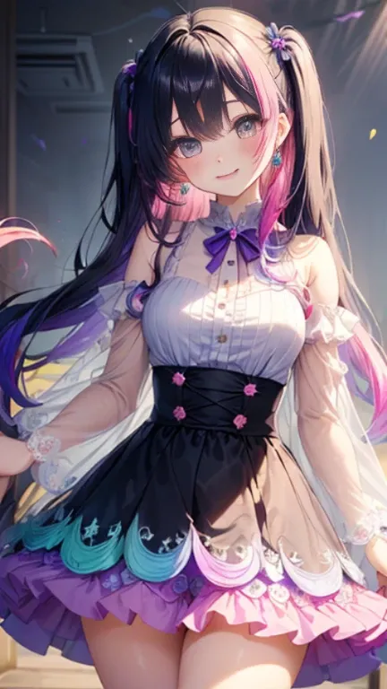 小さなgirl、Glasses、petal、thick thighs、big ass、 (alone:1.5,)Super detailed,bright colors, very beautiful detailed anime face and eyes, look straight, shiny_skin,girl,(((long hair、rainbow colored hair, colorful hair, Half black、half pink hair: 1.2)))  、forehead...