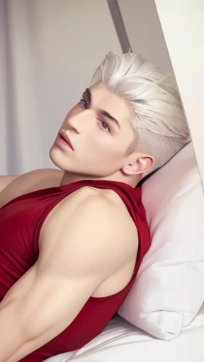 Portrait of a 16 year old young man, shirtless, blushing, white haired, in bed, red velvet, handsome supermodel, Greek profile, Greek face, strong jaw, white skin, extremely pale skin, attractive boy, white haired boy, cinematographic, best quality, sharpn...