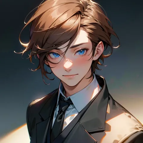 Anime,young man,navy blue eyes,brown hair,formal black suit,smile of a genius,castle,halls,Bungou Stray Dogs artstyle,(best quality,4k,8k,highres,masterpiece:1.2),ultra-detailed,(realistic,photorealistic,photo-realistic:1.37),HDR,UHD,studio lighting,portra...