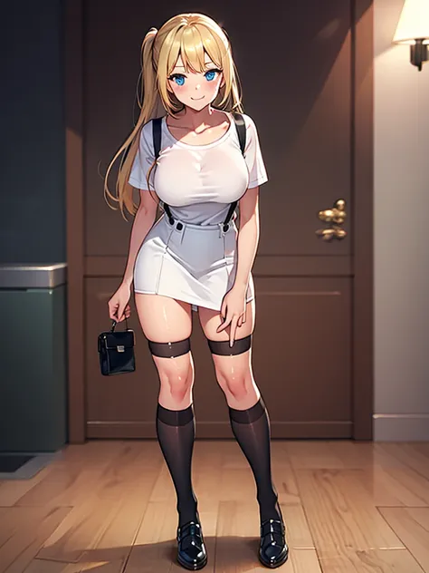  (highest quality, High resolution,  perfect pixel, Depth of bounds written, 4K), (1 girl), perfect body, blond hair, two side up, large breasts, white t-shirt, (black suspender skirt), kneehighs, standing, leaning forward, light smile,