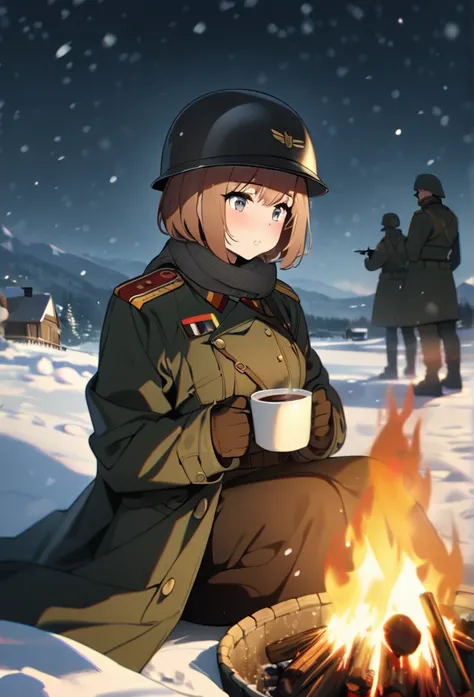 High quality, high definition images, full HD、8k.1 girl .old german military uniform,short hair,Chestnut hair.Carrying a rifle on his shoulder, Wearing a German military helmet、Winter clothes,black leather long coat、rural landscape,A tank rots on the road,...