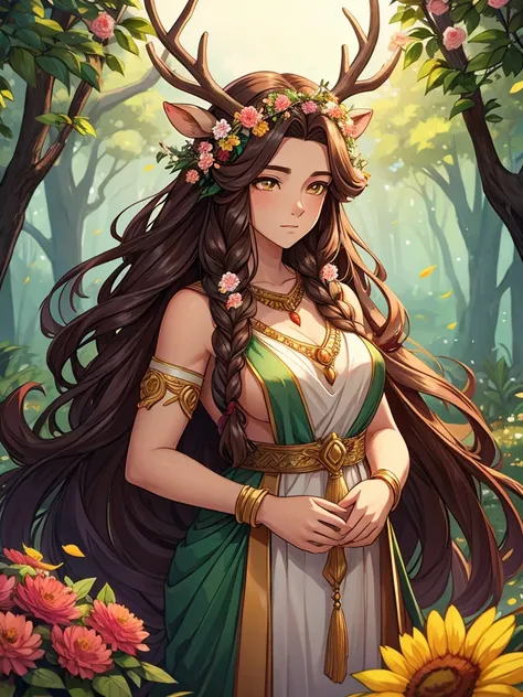 The Goddess of Nature, hunter, very long hair, deer horns, flowers in hair