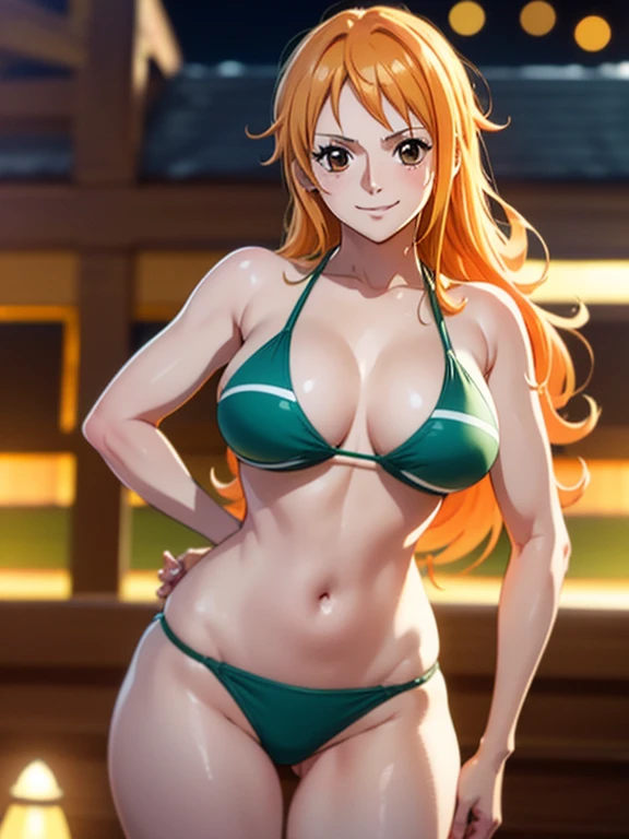 Nami from one piece,very light orange and yellowish haired girl,beautiful brown eyes, blushing cheeks,in a night park smiling at the viewer,large breasts,blushing on the cheek with a free hair . She should be wearing a black  outfit bikini with a short pan...