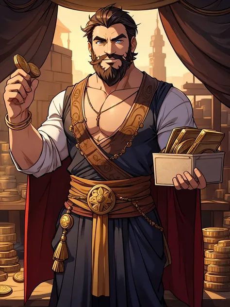 The God of Trade, smirk, coins, beard, short hair, rings, merchant clothes