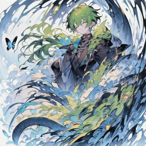 masterpiece, top quality, best quality, beautiful, aesthetic:1.2), 1 boy, alone, green hair, half-closed eyes, usually with a gentle expression, serpent of the world, top hat, black suit, butterfly knife, chains, snake, antagonist character, extremely ruth...