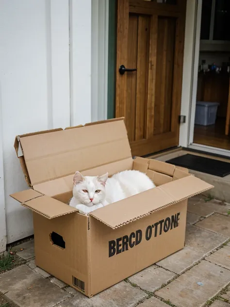 A white cat curled up in an old cardboard box in front of the house door