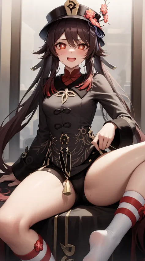 1girl in,Hu Tao,Evil smile,Half-closed eyes,Heart-shaped pupil,blush,Open mouth,yandere,Sweating,Heavy breathing,steam,Sitting,thighs thighs thighs thighs,thighs focus, Spread thighs,Small breasts,From below,legs focus,hotpants,hat,red flower in the hat,Sm...