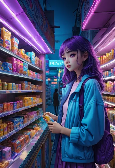 1girl, midnight convenience store, aesthetic, vibrant city lights, dimly lit shelves full of snacks and drinks, a cashier with tired eyes, fluorescent lighting casting a soft glow, late-night customers browsing the aisles, flickering neon signs outside the...