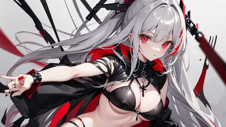 Long gray hair,blood red eyes,Necklace with cross,Wearing a black and white goth bikini