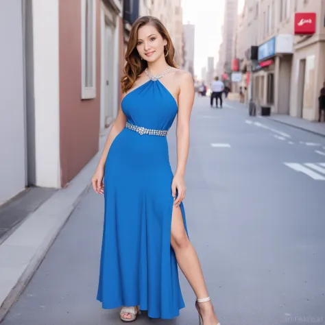 woman with brown hair, 60 years old, defined features, ultra realism, dressed in a blue dress on the street of new york