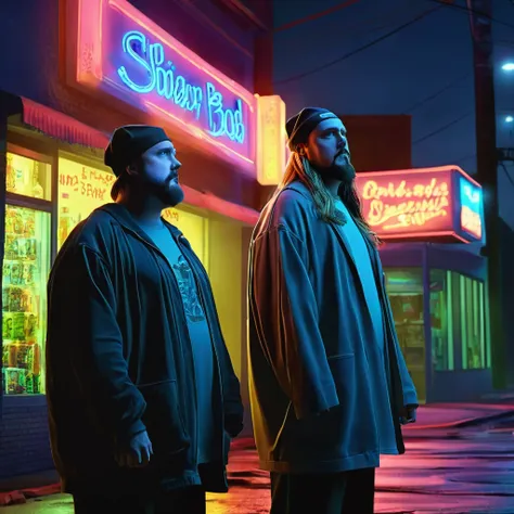 by movie "jay and silent bob strike back" by kevin smith . jay and silent bob they are leaning against the wall, outside a midni...