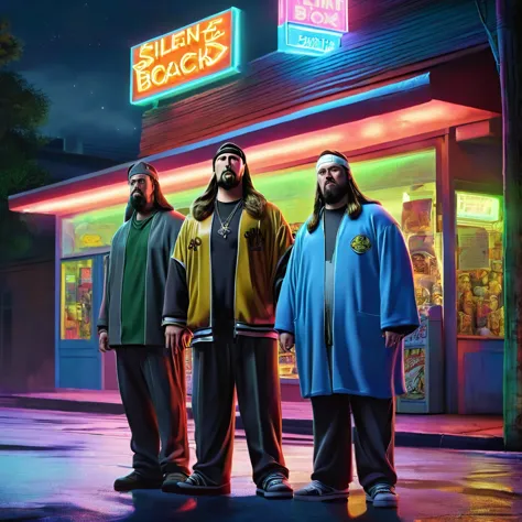 by movie "jay and silent bob strike back" by kevin smith . jay and silent bob they are leaning against the wall, outside a midni...