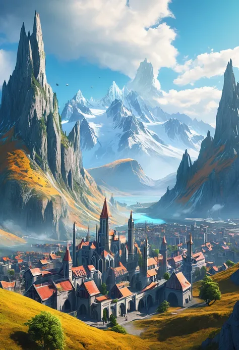 Create a landscape of a futuristic medieval-style city，In the background are several vibrant mountains, Realistic and detailed style