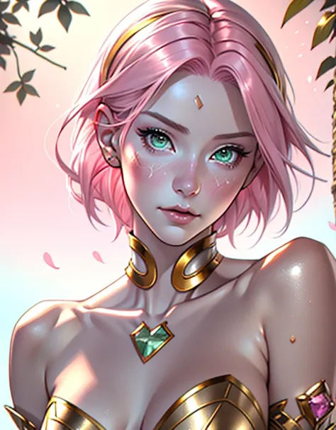 young woman, short shoulder-length pink hair, wide forehead, porcelain skin, pink eyebrows, large emerald green eyes, buttoned nose, full lips, heart-shaped face, slender body, small breasts, white and gold clothing, goddess of Olympus, angel, Sakura Harun...