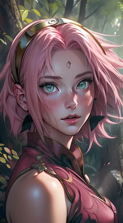 young woman, short shoulder-length pink hair, wide forehead, porcelain skin, pink eyebrows, large emerald green eyes, buttoned nose, full lips, heart-shaped face, slender body, small breasts, white and gold clothing, goddess of Olympus, Sakura Haruno, real...