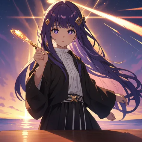 1 girl,alone,purple hair,long hair,purple eyes,dull bangs,side lock,half up hair,bright pupils, hair ornaments,Ruffled collar,black robe,white dress,center ruffle,button,wide sleeve,long sleeve,crooked,cowboy shot, looking at the viewer, and highest qualit...