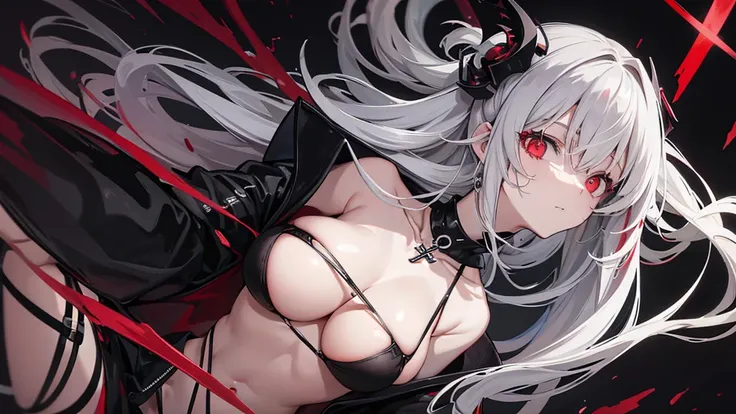 Long gray hair,blood red eyes,Necklace with cross,Wearing a black and white goth bikini,Woman on top