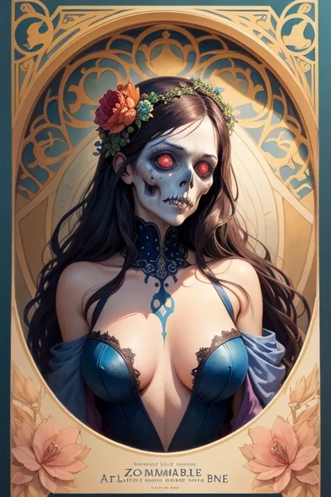 An ultrafine detailed watercolor painting of a gorgeous undead zombie with flowers in her hair, in the style of Alphonse Maria Mucha and Gustav Kilmt, art nouveau accents, (undead zombie:1.2), anthropomorphic female, female figure, detailed cover artwork, ...