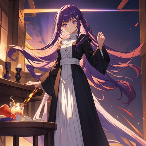 full body, dynamic pose, 1 girl,alone,purple hair,long hair,purple eyes,dull bangs,side lock,half up hair,bright pupils, hair ornaments,Ruffled collar,black robe,white dress,center ruffle,button,wide sleeve,long sleeve,crooked,cowboy shot, looking at the v...