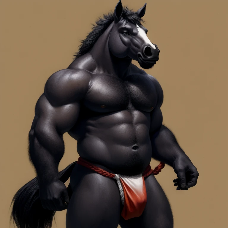 Furry, Antro, Horse Black, Fundoshi bulto, Fundoshi White, Solo, Bulto Male, Detallado, cuerpo completo, cuerpo peludo, campo de granja