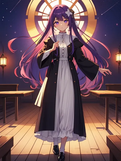 full body, dynamic pose, 1 girl,alone,purple hair,long hair,purple eyes,dull bangs,side lock,half up hair,bright pupils, hair ornaments,Ruffled collar,black robe,white dress,center ruffle,button,wide sleeve,long sleeve,crooked,cowboy shot, looking at the v...