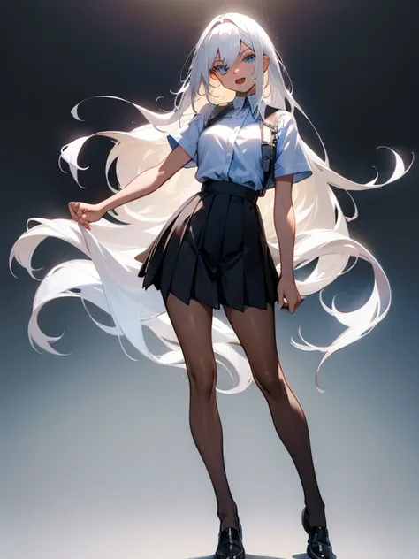 full body, 1girl, open mouth, detailed face, white hair gloss hair, tanned skin, brown skin, shoulder length hair, blue eyes, highres, highly detailed face, Detailed eyes, white shirt, short sleeves, black stockings, high stockings, pleated skirt, evil smi...