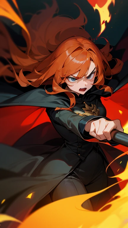 girl, long hair, ginger hair, black outfit, cape, dark, anger, flaming locks