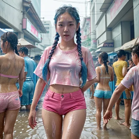 Korean girl,cute,neon blue braided hair,Chest 38 inches,Wear a small t-shirt,pink shorts,wet,splashing water,among people,Songkran Festival,Inside the main alley,city center