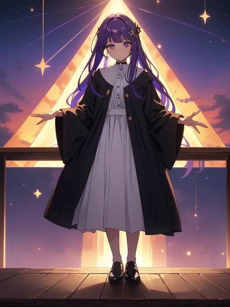 full body, dynamic pose, 1 girl,alone,purple hair,long hair,purple eyes,dull bangs,side lock,half up hair,bright pupils, hair ornaments,Ruffled collar,black robe,white dress,center ruffle,button,wide sleeve,long sleeve,crooked,cowboy shot, looking at the v...