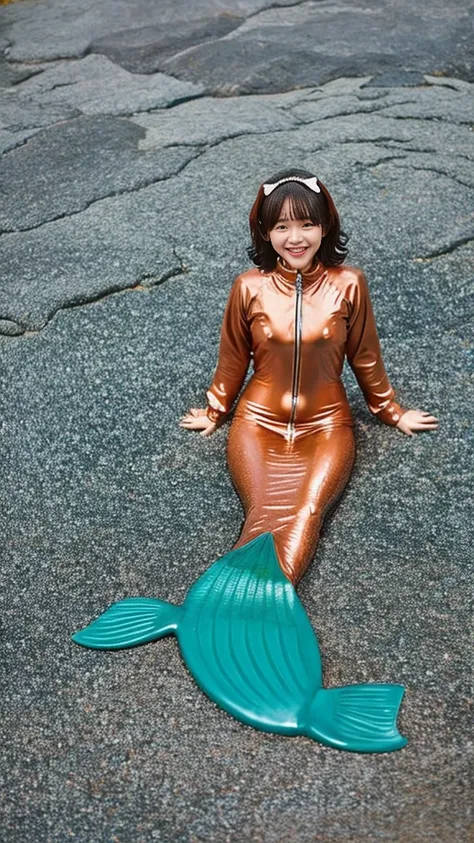 live-action　female kindergartener　Enamel Mermaid　rubber suit　Enamel Zentai　Sitting on a rocky ground　wet　Glossy Skin　More than one person　