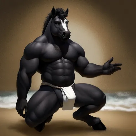 Furry, Antro, Horse Black, Fundoshi bulto, Fundoshi White, Solo, Bulto Male, Hooves ,Detallado, cuerpo completo, cuerpo peludo, Beack , playa