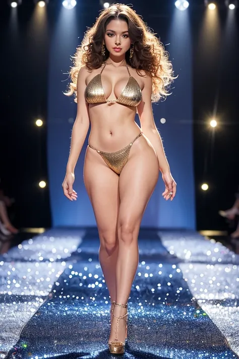  Full view of a realistic and shiny photorealistic of a young woman. Walking on the fashion show runway ,luxury jewelry bikini body chain ,beautiful breast , huge breast,, medium closeup shot, She wore gold diamond-encrusted high heels. Has fine curls Back...