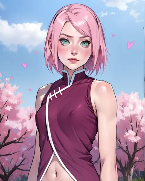 young woman, short shoulder-length pink hair, wide forehead, porcelain skin, pink eyebrows, big emerald green eyes, buttoned nose, full lips, heart-shaped face, slender body, small breasts, red tank top, Sakura Haruno , realistic, realism, details, 3d, wel...