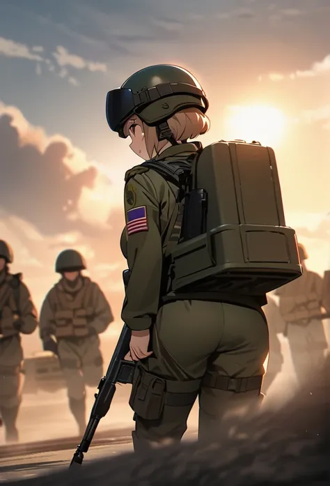 High quality, high definition images, full HD、8k.1 girl Short chestnut hair wearing US combat uniform Wear a helmet deeply, holding a rifle、Back view, running with a troop carrier.