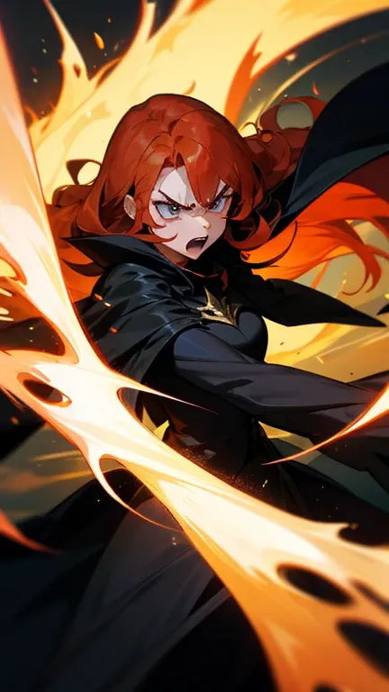 girl, long hair, ginger hair, black dark outfit, cape, dark, anger, flaming locks