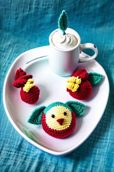 image for a company that is in charge of selling small desserts and amigurumis made with crochet, como un pollito, y de postre a...