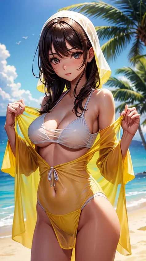 sksbrooke person, sksbrooke, (masterpiece:1.2), (best quality:1.2), perfect eyes, perfect face, 1girl, solo, brown eyes, (medium breasts), perky breasts, wearing a yellow  See Through Beach Swimsuit Cover Up, beach at midnight
