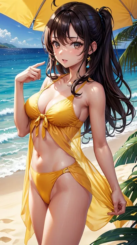 sksbrooke person, sksbrooke, (masterpiece:1.2), (best quality:1.2), perfect eyes, perfect face, 1girl, solo, brown eyes, (medium breasts), perky breasts, wearing a yellow  See Through Beach Swimsuit Cover Up, beach at midnight
