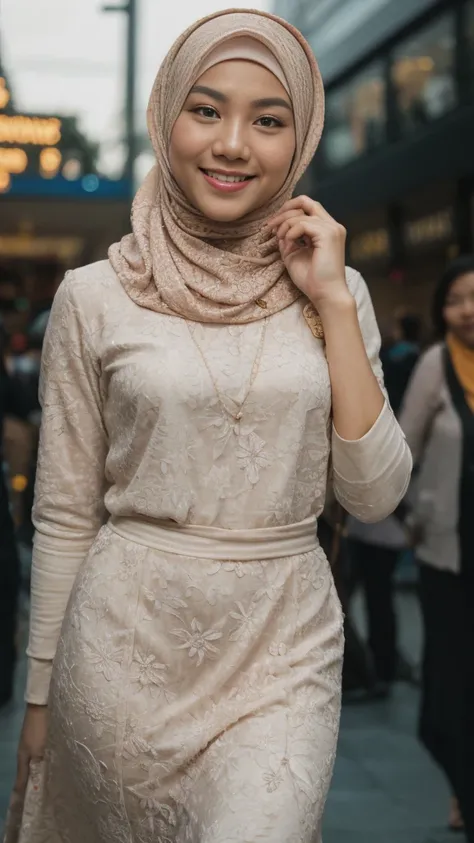 Portrait photography of a beautiful young malay girl in hijab wearing white modest Square Neck Bow Front Floral Jacquard Dress , fully cover dress, catwalk, nighttime, crowded mall background, bright lighting, smile and happy gesture, small abs, wide hips,...