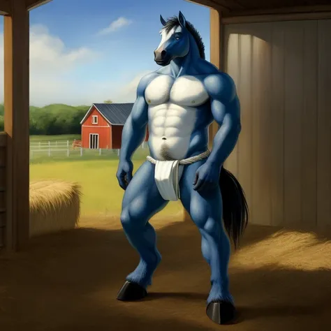 Furry, Antro, Horse Yelow, Fundoshi bulto, Fundoshi White, Solo, Bulto Male, Hooves ,Detallado, cuerpo completo, cuerpo furry, Blue Eyes, Farm, campo de mazorcas