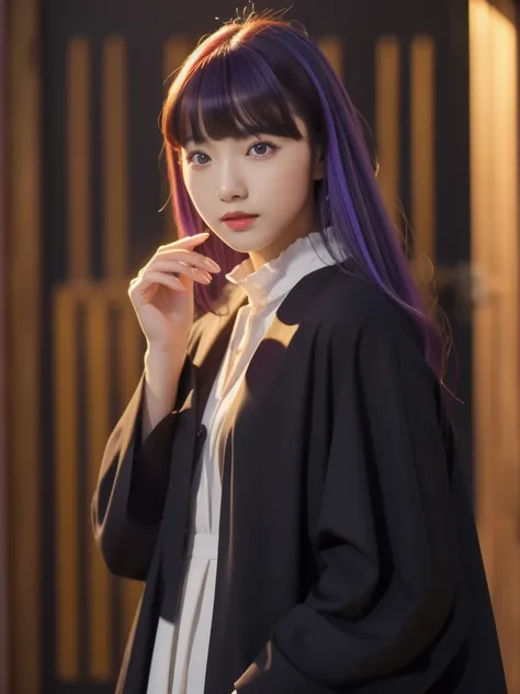 full body, dynamic pose, 1 girl,alone,purple hair,long hair,purple eyes,dull bangs,side lock,half up hair,bright pupils, hair ornaments,Ruffled collar,black robe,white dress,center ruffle,button,wide sleeve,long sleeve,crooked,cowboy shot, looking at the v...