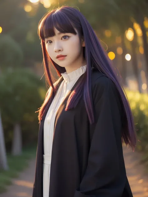 full body, dynamic pose, 1 girl,alone,purple hair,long hair,purple eyes,dull bangs,side lock,half up hair,bright pupils, hair ornaments,Ruffled collar,black robe,white dress,center ruffle,button,wide sleeve,long sleeve,crooked,cowboy shot, looking at the v...