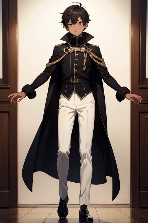 (Boy1),(anime1),(Full body portrait),(young man), 16 year old teenager, height 1.80cm and dark brown skin, short black hair, brown eyes, with a perverted expression on his face, wearing a emperor in a shiny black cape, in a chic 16th century outfit White