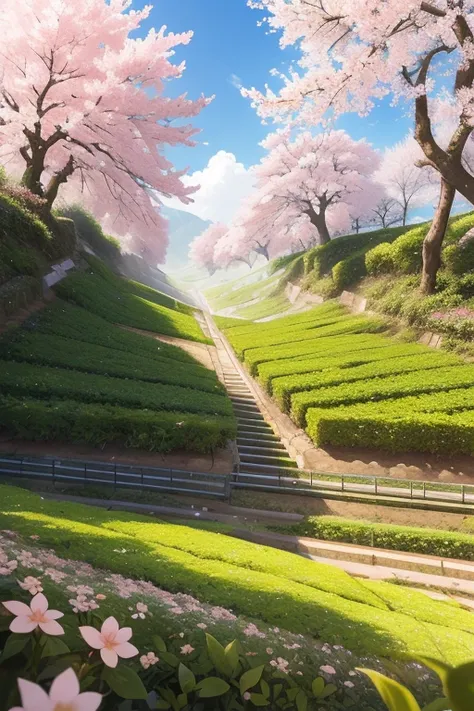 best quality，actual，real life，photography，masterpiece，best quality，There are several cherry blossoms in the tea field，Terraces，Dotted in the tea fields，Cherry blossoms are blooming one by one in the tea field，Structured，colorful，big scene，No characters req...