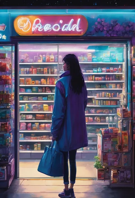 1girl, midnight convenience store, aesthetic, vibrant city lights, dimly lit shelves full of snacks and drinks, a cashier with tired eyes, fluorescent lighting casting a soft glow, late-night customers browsing the aisles, flickering neon signs outside the...