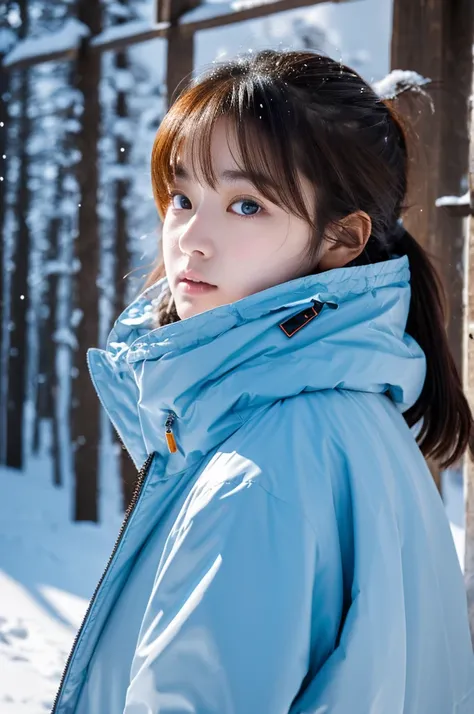 ultra realistic, 16K UHD photo of a 20-year-old Japanese girl, wearing an extremely puffy and glossy light blue down-filled puffer jacket, high collar fully zipped up, in a winter snowstorm, snow everywhere, heavy snow falling, misty environment, soft diff...