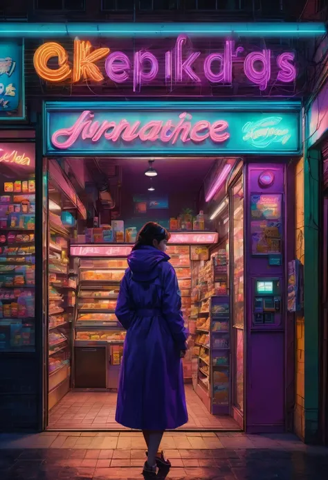 1girl, midnight convenience store, aesthetic, vibrant city lights, dimly lit shelves full of snacks and drinks, a cashier with tired eyes, fluorescent lighting casting a soft glow, late-night customers browsing the aisles, flickering neon signs outside the...