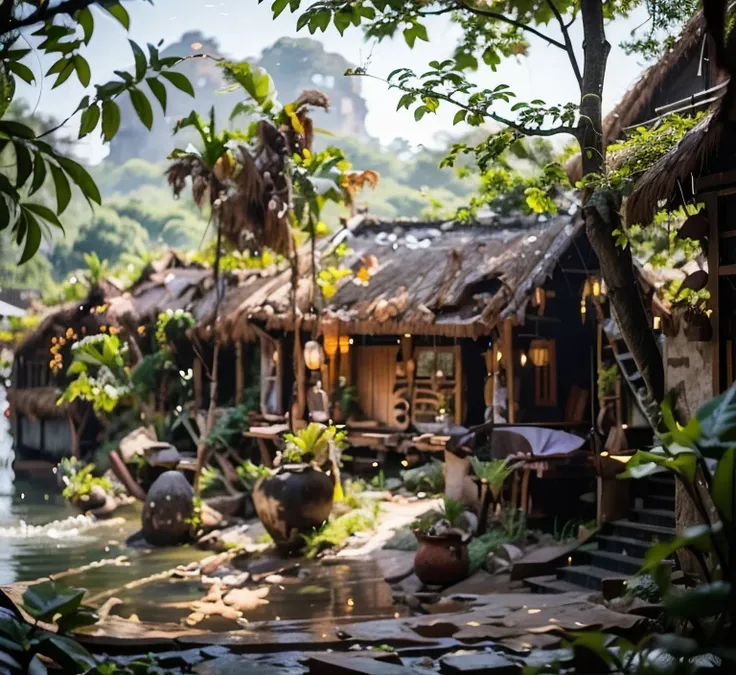 trees in the foreground of a small house in the middle of a field, a bamboo hut, a thatched house, a house in the vietnamese cou...