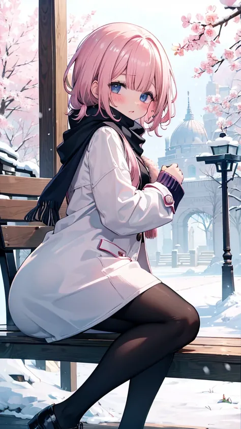 、、Shyness、blush、embarrassing、blush、、、sit with legs stretched out、bench、顔をscarfで隠す、wear a coat、snow原、snow像、snow、cold、scarf、scarfを巻く、降snow高解像度、Full HD、8K quality、、、droopy eyes、、、eye highlights、lively eyes、clear eyes、beautiful eyes、、口元をscarfで覆う、、look down、ave...