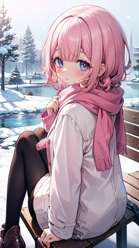 、、Shyness、blush、embarrassing、blush、、、sit with legs stretched out、bench、顔をscarfで隠す、wear a coat、snow原、snow像、snow、cold、scarf、scarfを巻く、降snow高解像度、Full HD、8K quality、、、droopy eyes、、、eye highlights、lively eyes、clear eyes、beautiful eyes、、口元をscarfで覆う、、look down、ave...